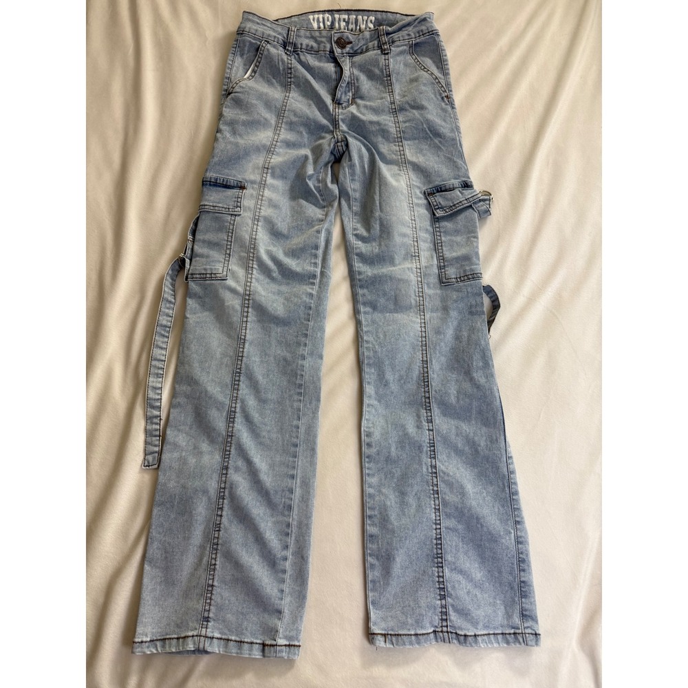VIP Jeans Light Wash Cargo Denim Wide Leg Utility Pants Blue Straps